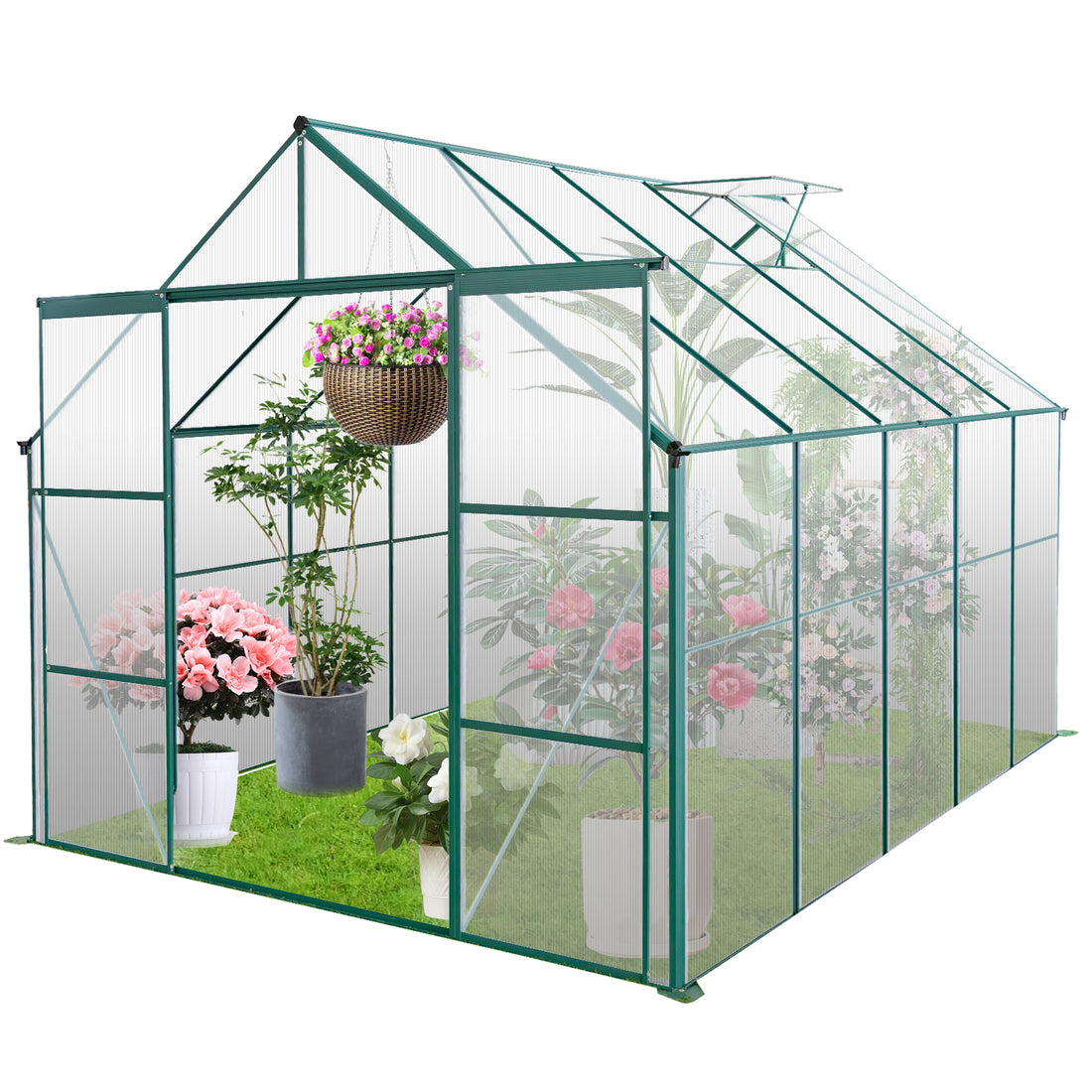 8X10Ft Double Door Polycarbonate Greenhouse Raised Base And Anchor Aluminum Heavy Duty Walk In Greenhouses For Outdoor Backyard In All Season,Green Green Aluminium