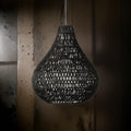 Boney 18 Inch Pendant Light, Woven Rope, Rounded Shape, Iron, Black Black Iron