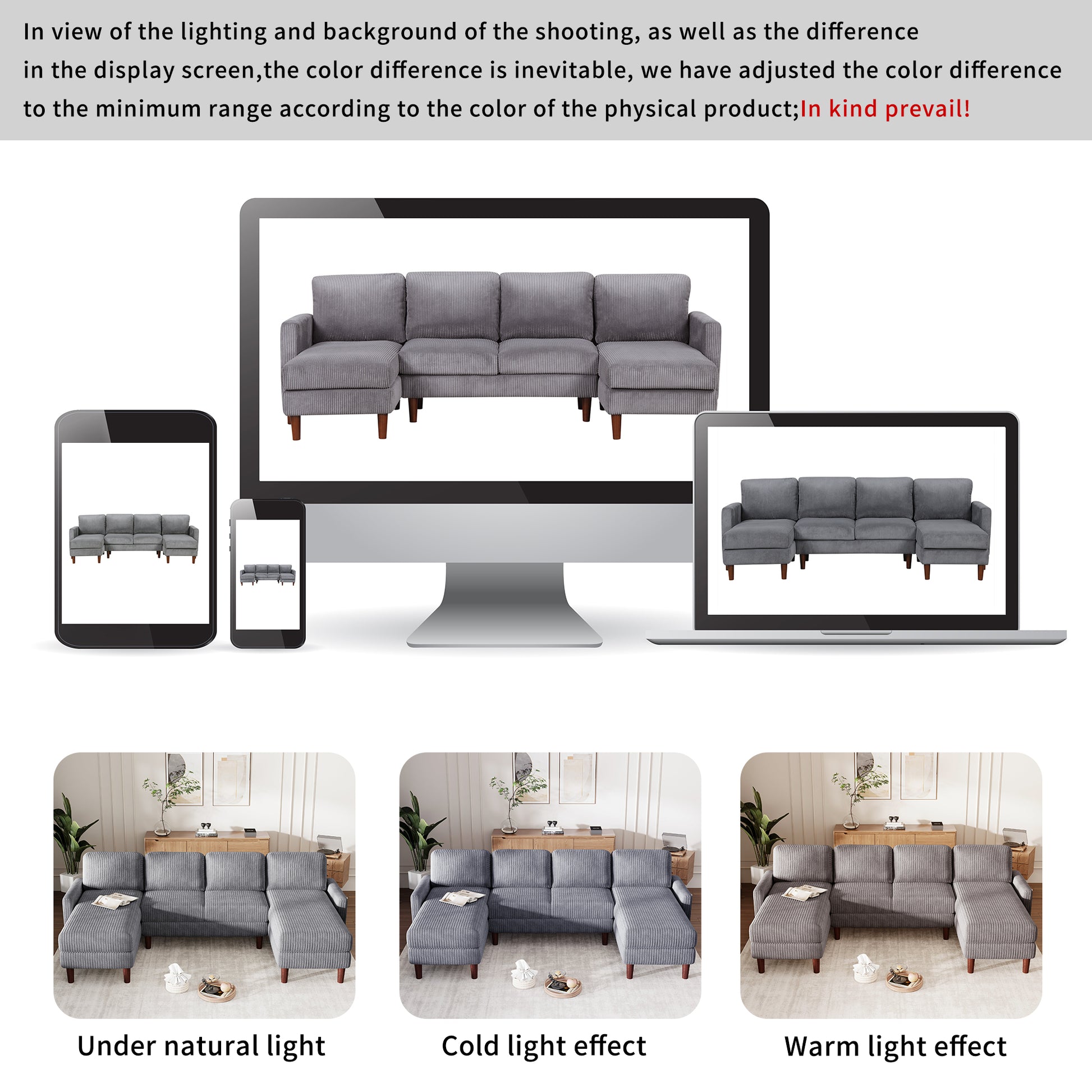 U Shaped Sponge Filled Cushion Combination Sofa, Suitable For Living Rooms, Studies, And Spacious Spaces Gray Polyester 4 Seat