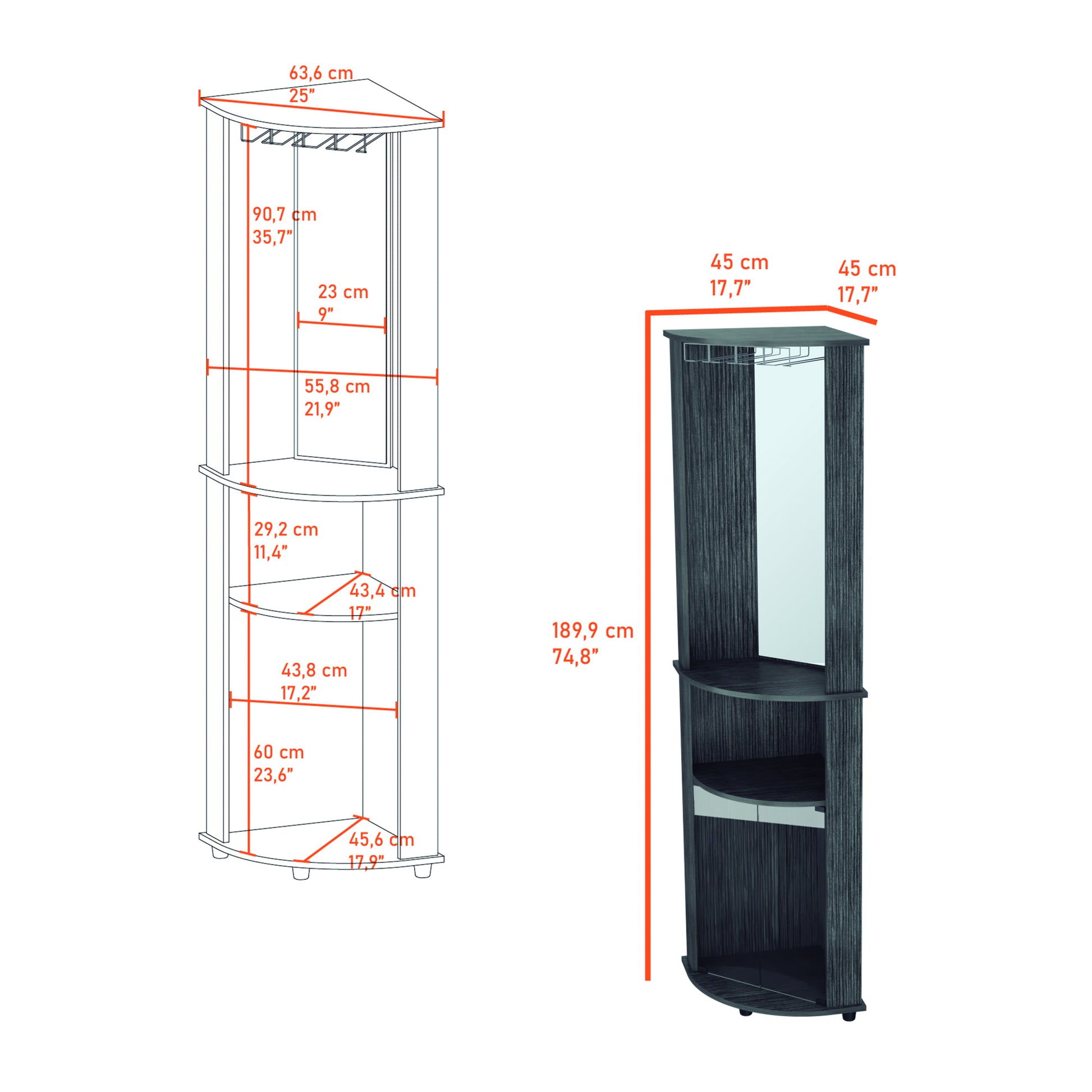 Oregon Corner Bar Cabinet, 3 Tier Shelf With Glass Rack Vertical 3 4 Spaces Smoke Primary Living Space Corner Unit Contemporary Pine Particle Board Engineered Wood