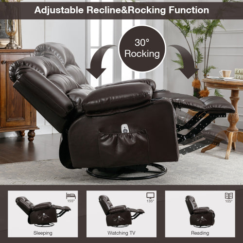 Massage Swivel Rocker Recliner Chair With Vibration Massage And Heat Ergonomic Lounge Chair For Living Room With Rocking Function And Side Pocket 2 Cup Holders Usb Charge Port Brown Faux Leather Manual Handle Metal Soft Heavy Duty Push Button Foam Pu