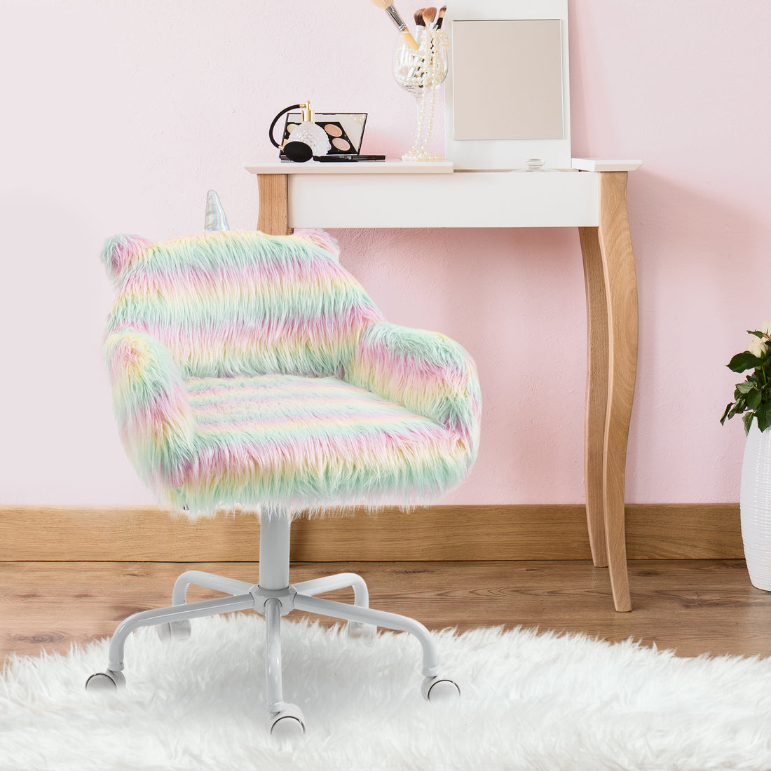 Homcom Fluffy Unicorn Office Chair With Mid Back And Armrest Support, 5 Star Swivel Wheel White Base, Rainbow Multicolor Faux Fur
