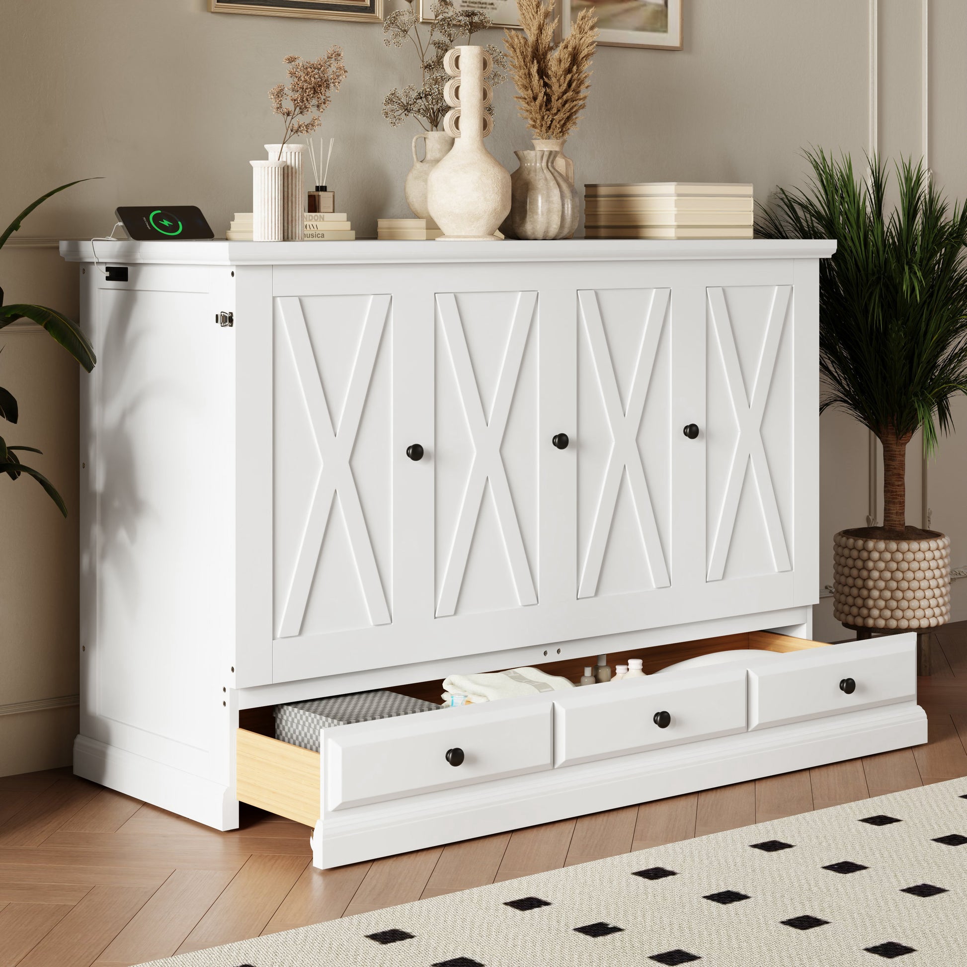 Solid Pine Murphy Bed Chest Cube Cabinet Bed With Charging Station And Large Storage Drawer For Home Office Or Small Room,Full,White Box Spring Not Required Full White Wood White Pine Murphy Solid Wood Mdf