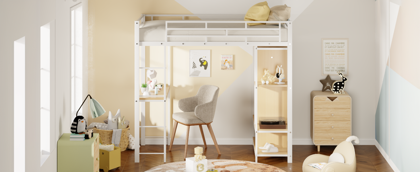 Twin Size Metal Loft Bed With Built In Wardrobe, Desk And Shelves, Black Expected Arrival Time: 9.3 Box Spring Not Required Twin White Metal Mdf Metal