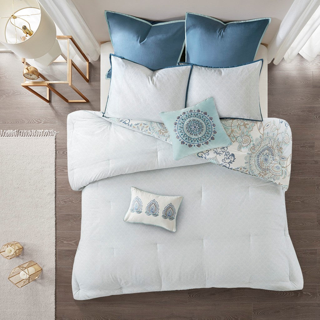 8 Piece Cotton Floral Printed Reversible Comforter Set Blue Cal King California King Blue Cotton