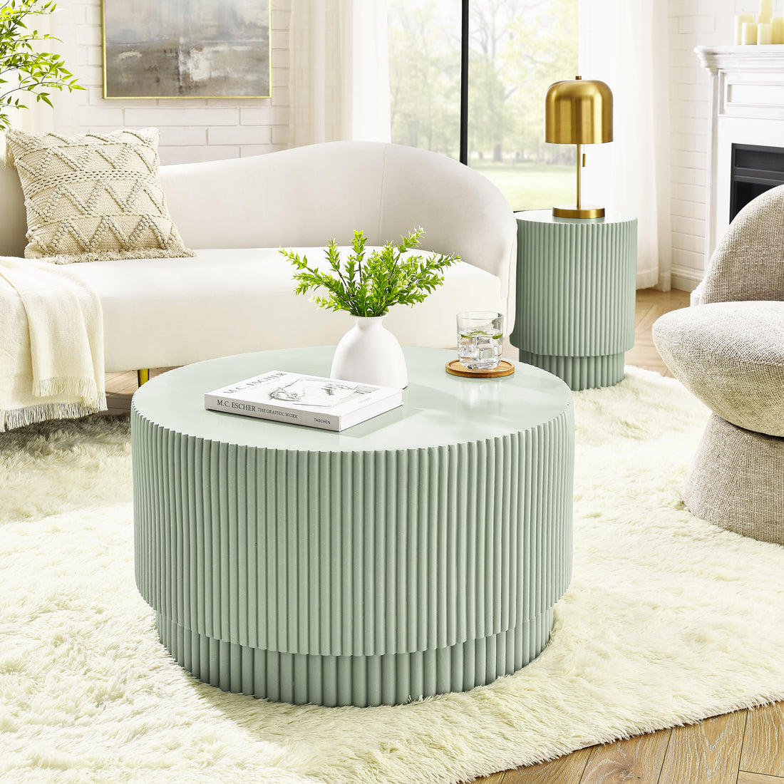 15.72 Inch H Barrel Coffee Table, Nordic Style, Simple Design, Suitable For Indoor And Outdoor Use, Magnesium Oxide Material, Suitable For Living Room, Bedroom Or Garden Sofa Light Green Magnesium