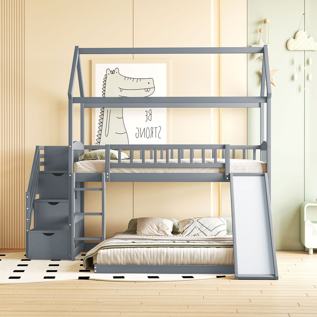 Twin Over Twin Bunk Bed With Two Drawers And Slide, House Bed With Slide, White Old Sku :Lt000129Aae Gray Pine