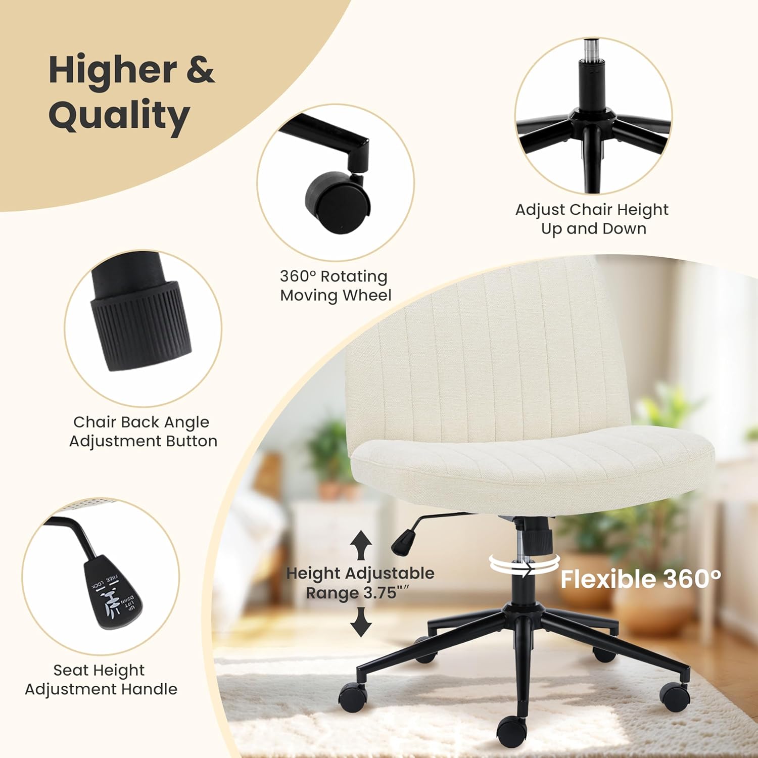 Criss Cross Chair With Wheels, Armless Legged Office Desk Chair, Comfy Swivel Rolling Vanity Chair, Ergonomic Fabric Modern Wide Seat Adjustable Home Office Chair White White Metal