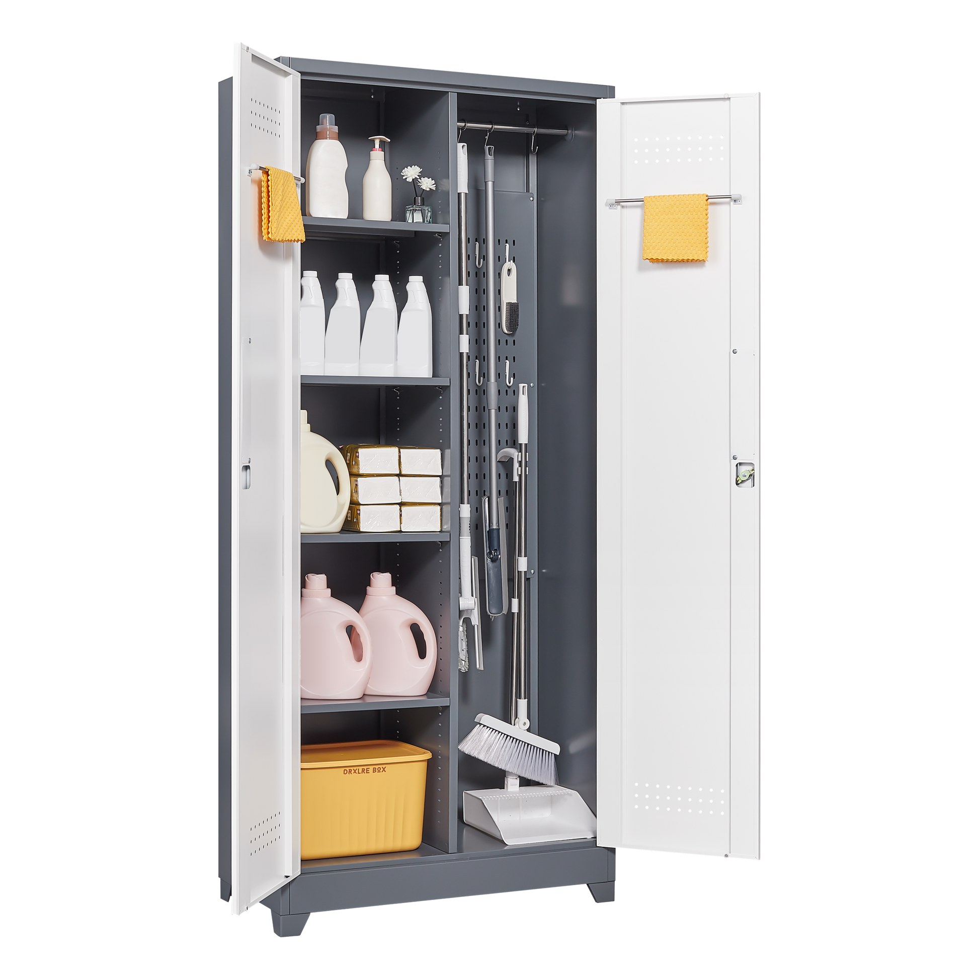 Metal Storage Cabinets, Cleaning Tool Cabinet With Locking Door, Tall Broom Tool Organizer And Storage, Large Storage Cabinet For Kitchen, Pantry, Office, Shop 3 4 Shelves Grey White Door Locks Modern Metal