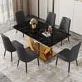 Table And Chair Set.Modern Rectangular Dining Table With Black Textured Stickers Glass Tabletop And Gold Plated Metal Legs.Paried With 6 Comfortable Chairs With Pu Seats And Black Metal Legs. Black Gold Seats 6 Glass Metal