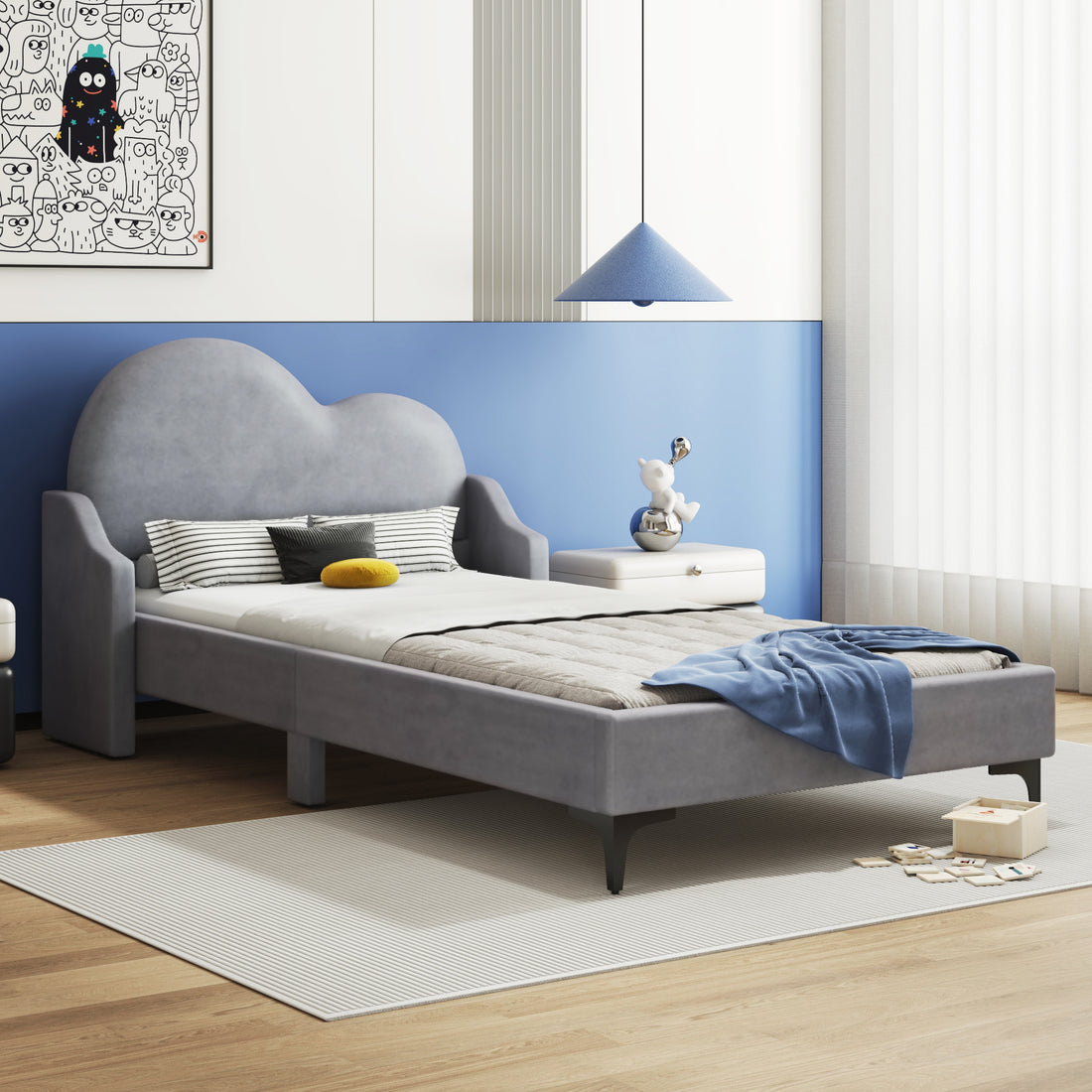 Twin Size Upholstered Platform Bed With Cloud Shaped Headboard, Gray Box Spring Not Required Twin Gray Bedroom Polyester Upholstered