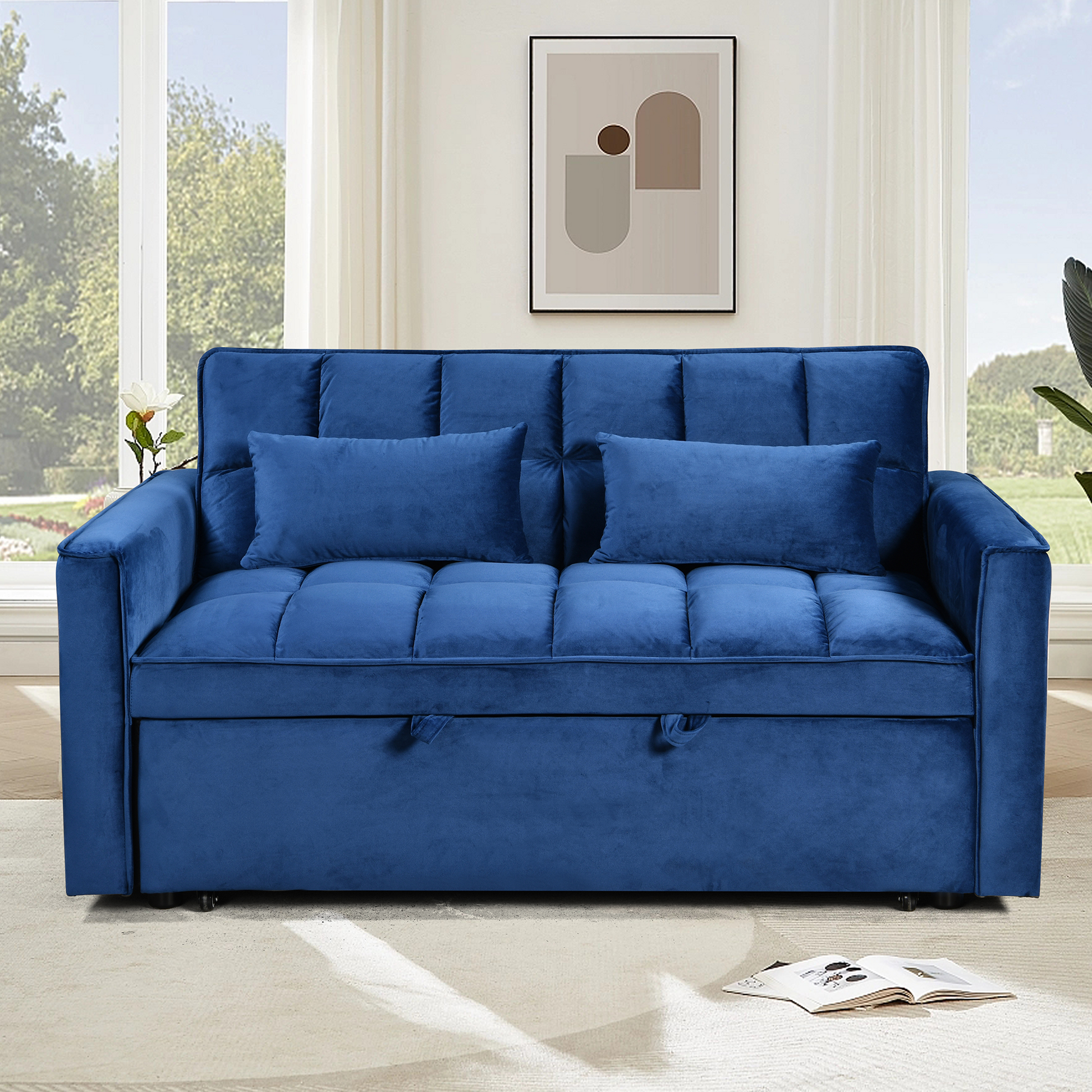 Modern Flannel Double Sofa With Folding Bed, Small Double Sofa With Three In One Convertible Sofa Bed, Adjustable Backrest And Storage Space, Including Pillows, Perfect For Living Room Or Bedroom Twin Blue Solid Wood