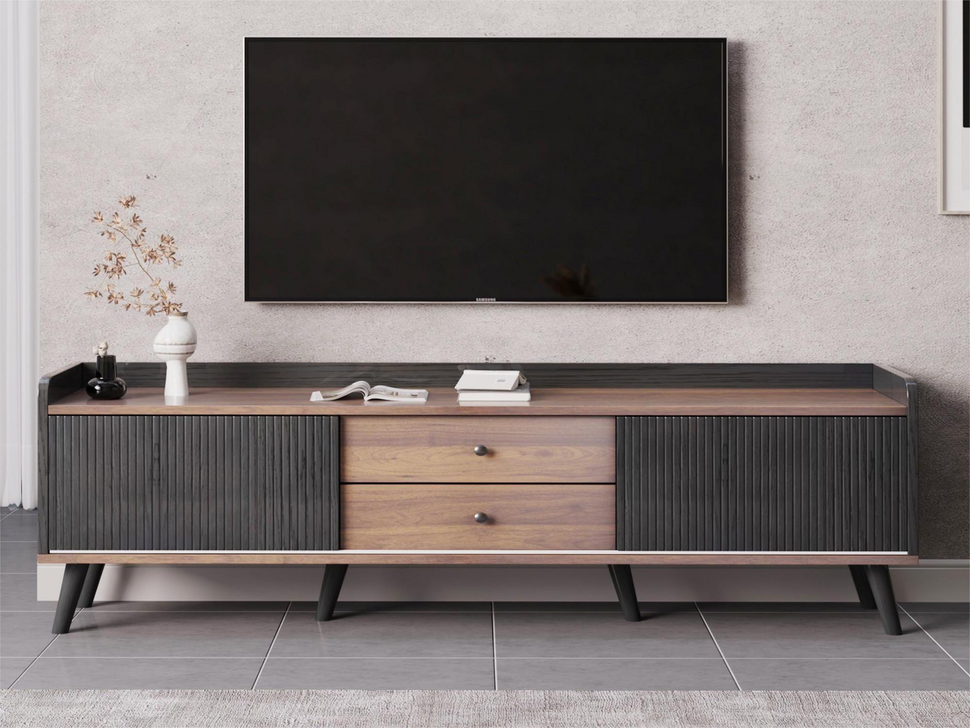 63'' Mid Century Tv Stand With 2 Cabinets& Open Compartments, Entertainment Center For Tvs Up To 70'', Television Console For Living Room, Bedroom, Home Theatre Dark Coffee Black Primary Living