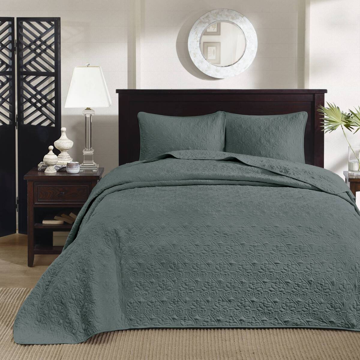 3 Piece Reversible Bedspread Set Balsam Green Queen Green Polyester