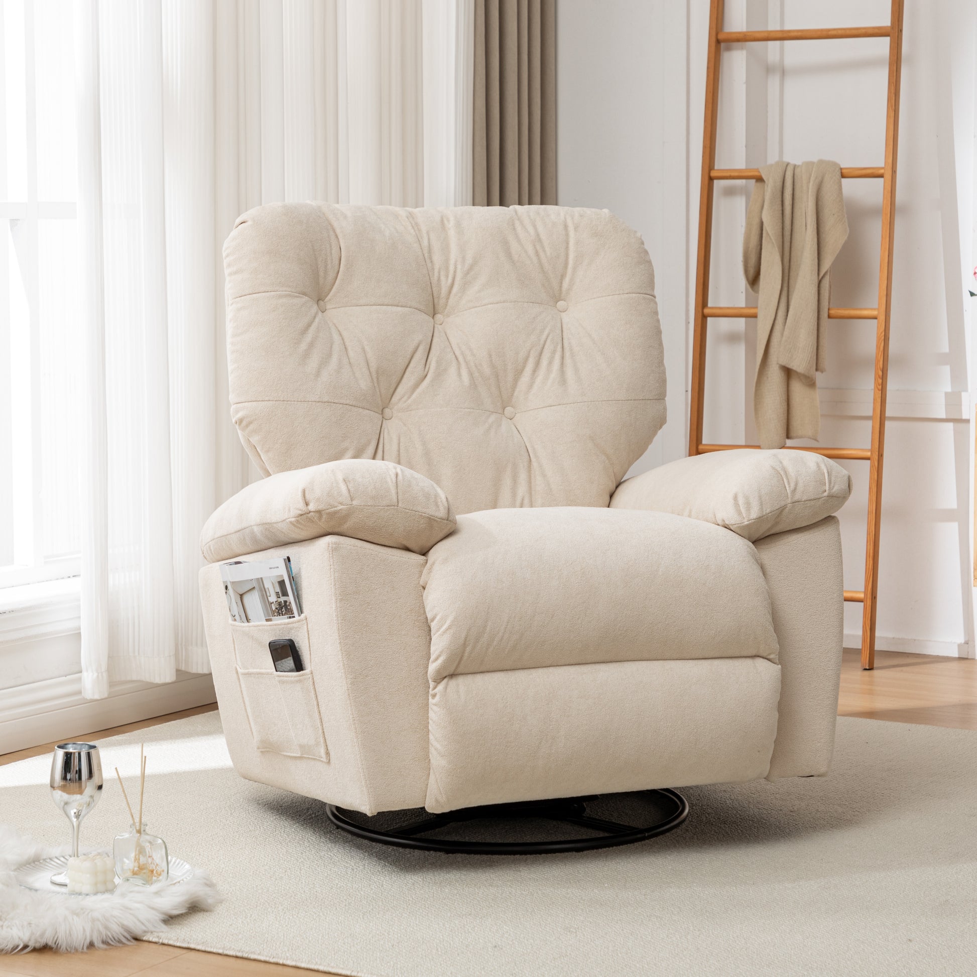 Beige Relaxing Recliner Chair,Soft Artificial Fleece, Overstuffed, Swivel, Glider, Side Pocket Beige Manual Push Button Wood Medium Soft Tufted Back Modern Push Button Oak Cotton Fleece