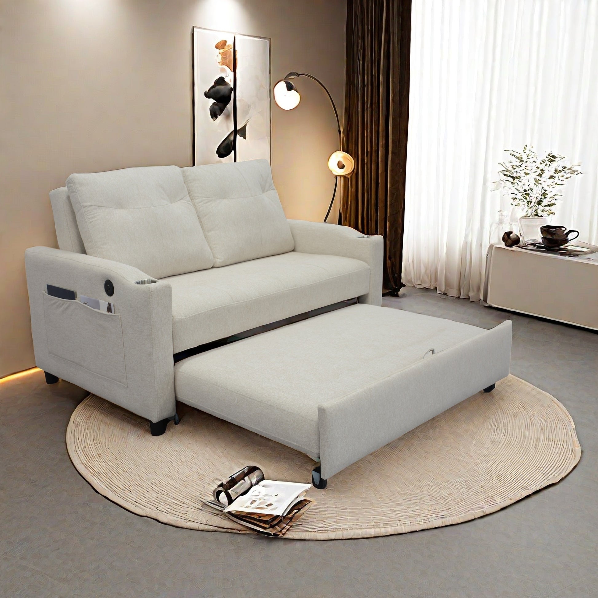 1 Versatile Foldable Sofa Bed In 3 Lengths, Modern Sofa Velvet Pull Out Bed, Adjustable Back And With Usb Port And Ashtray And Swivel Phone Stand Beige Sleep Sofa Beige Linen Wood Primary Living