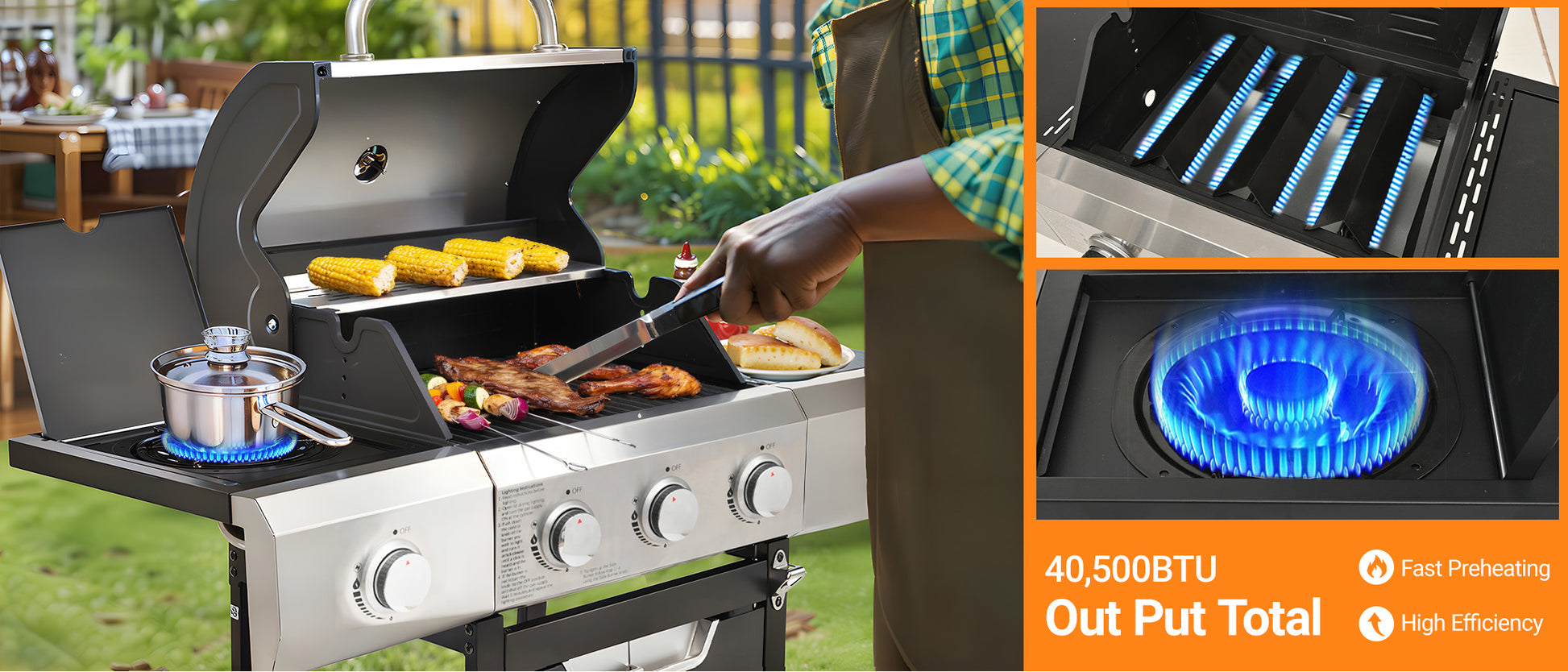 Propane Grill 3 Burner Barbecue Grill Stainless Steel Gas Grill With Side Burner And Cover For Outdoor Bbq, Camping Silver Garden & Outdoor Stainless Steel