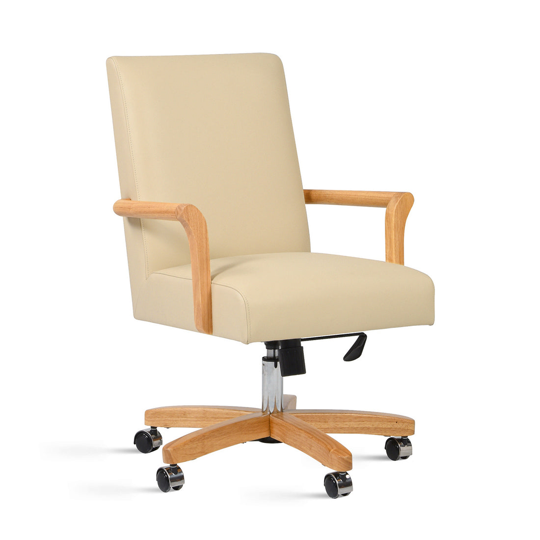 Dumont Modern Farmhouse High Back Executive Home Office Chair, Neutral Cream Beige Leather & Natural Wood Beige Foam Leather