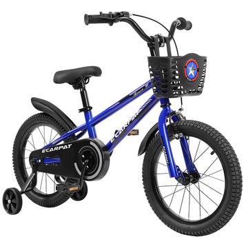 C14111A Kids Bike 14 Inch For Boys & Girls With Training Wheels, Freestyle Kids' Bicycle With Bell,Basket And Fender. Blue Steel