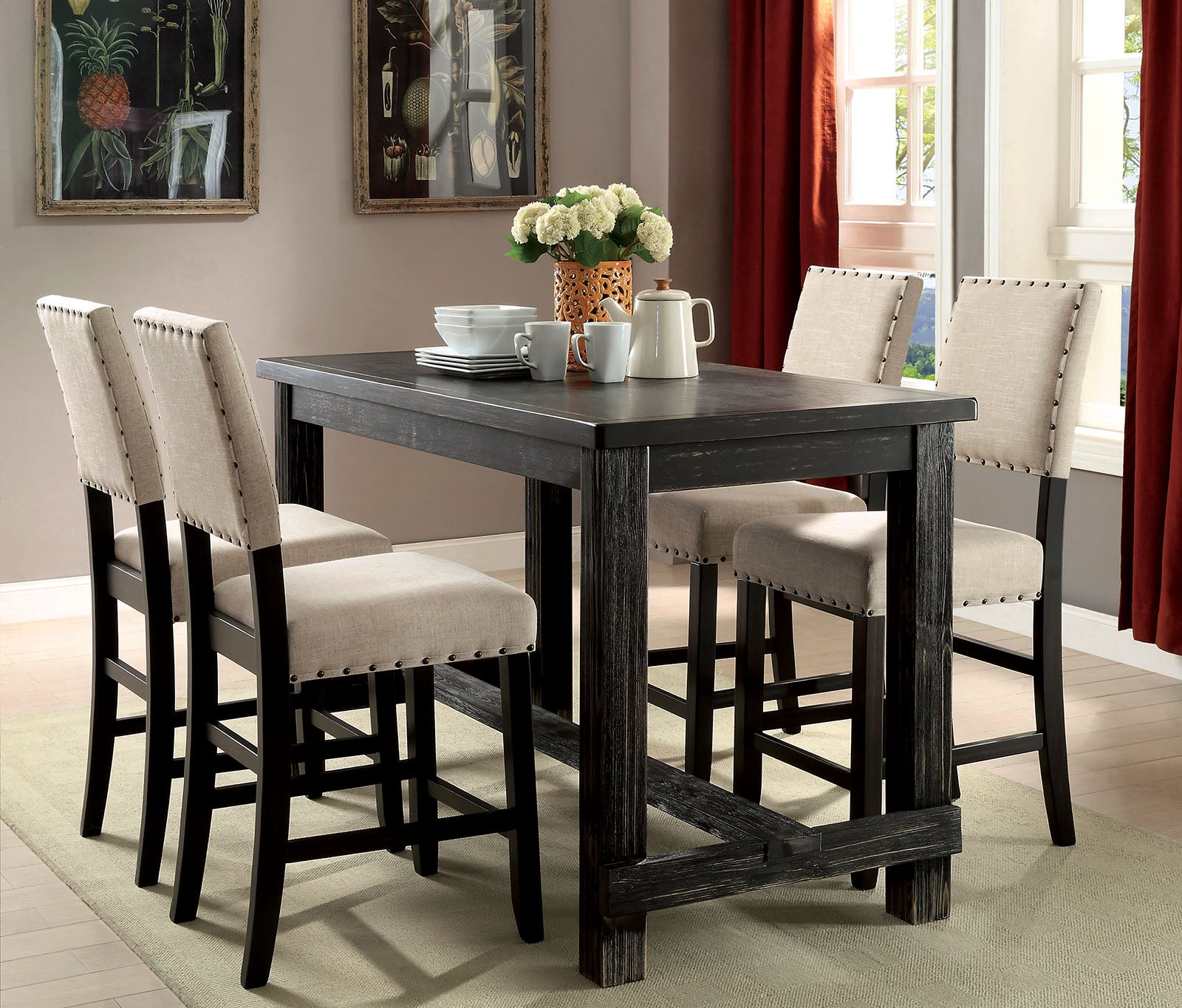 Antique Black Wooden 5Pc Counter Height Dining Set Table And 4X Chairs Beige Linen Like Fabric Cushions Trim Chairs Wood Dining Room Solid Wood Rectangular Dining Table With Chair Upholstered Chair Wood Beige Black Solid Back Seats 4 60 Inches