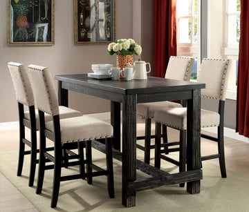 Antique Black Wooden 5Pc Counter Height Dining Set Table And 4X Chairs Beige Linen Like Fabric Cushions Trim Chairs Wood Dining Room Solid Wood Rectangular Dining Table With Chair Upholstered Chair Wood Beige Black Solid Back Seats 4 60 Inches