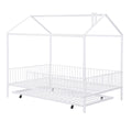 Full Size Metal House Bed With Fence, With Trundle, White Full White Metal