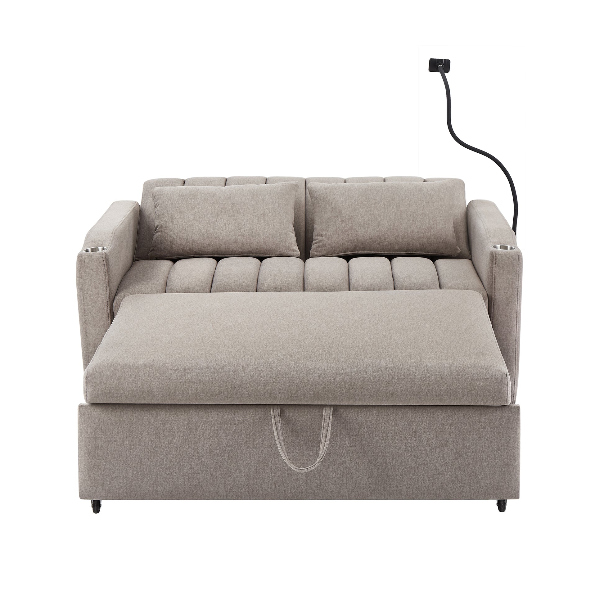 55.9" Convertible Sofa Bed Loveseat Sofa With Three Usb Ports, Two Side Pockets, Two Cup Holders And 360 Swivel Phone Holder For Living Room, Light Grey Light Grey Foam Polyester 2 Seat