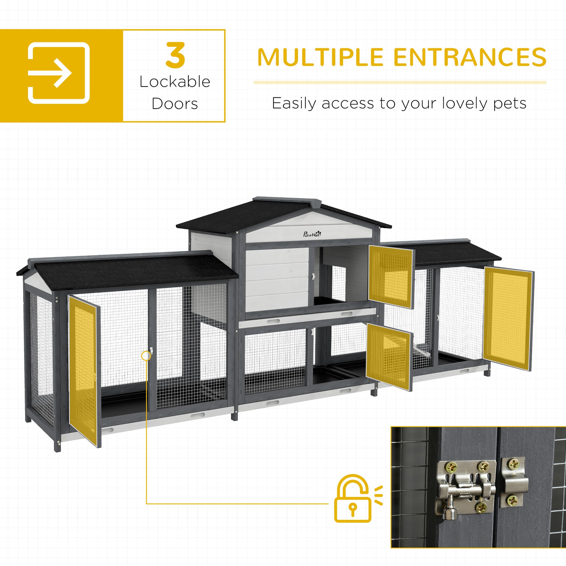 Pawhut 90.5" Wooden Rabbit Hutch Bunny Cage Pet Playpen House Enclosure With Double Side Run Boxes, No Leak Tray, Ramp, For Guinea Pig And Small Animals, Light Gray Gray Wood