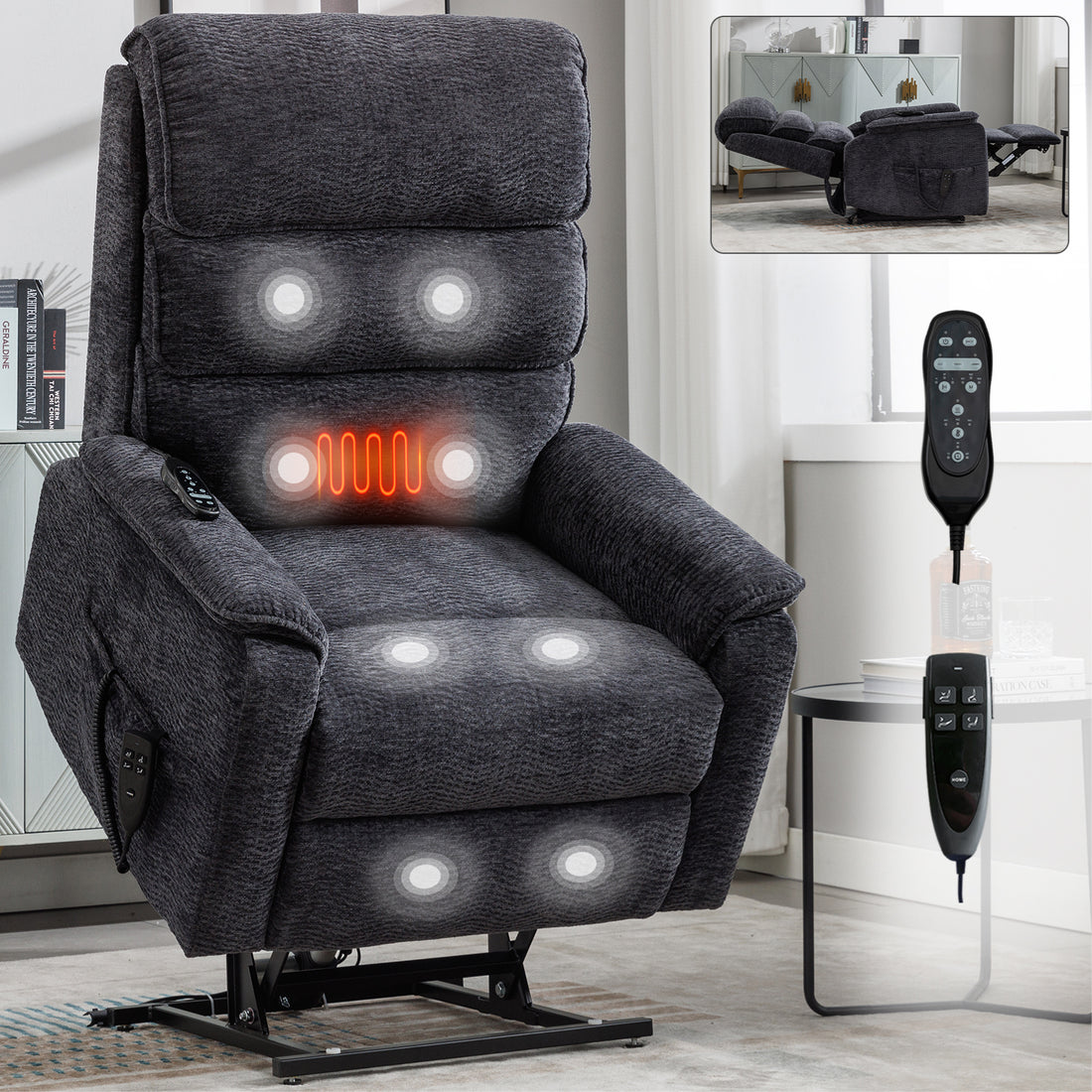 Grey Chenille Dual Motor Infinite Position Up To 350 Lbs Power Lift Recliner Chair With Power Remote, Heat Massage And Heavy Duty Motion Mechanism White Metal Primary Living Space Heavy Duty Push