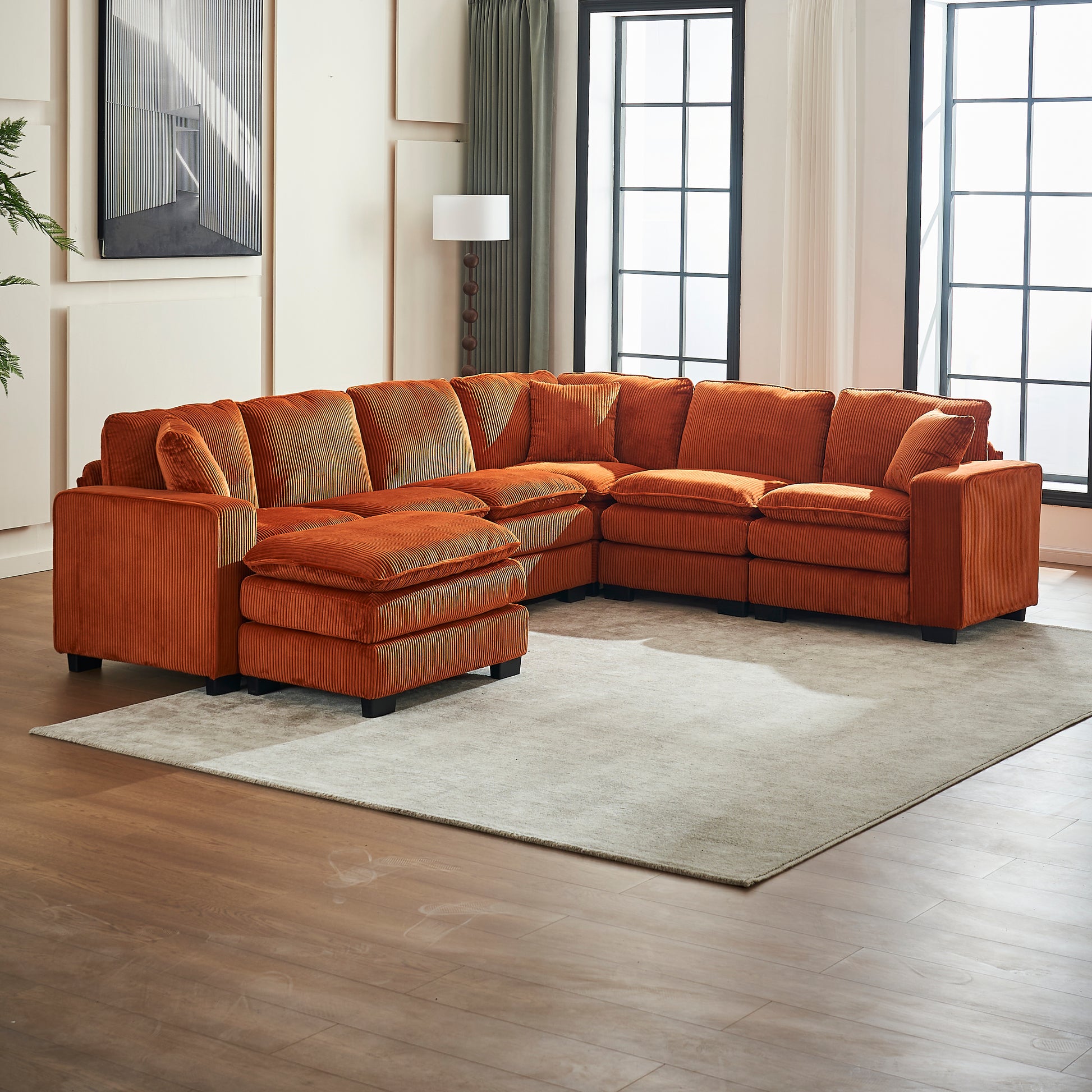 Modern U Shaped 6 Seat Sectional Sofa Couch With One Ottoman And Three Toss Pillows ,Modular Sofa For Living Room,Corduroy Sofa Orange Corduroy 7 Seat