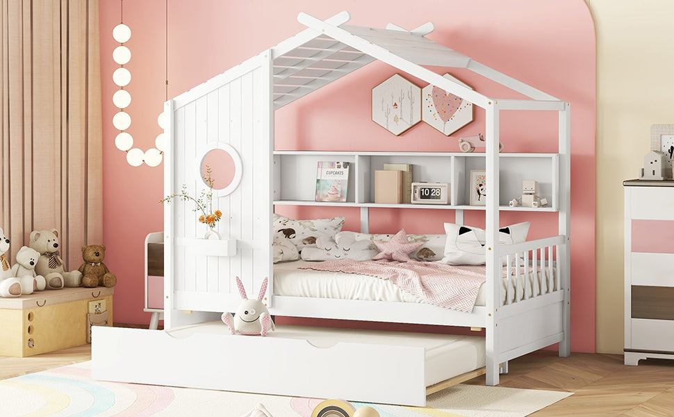 Wooden Twin Size House Bed With Trundle, Modern Design For Kids With Storage Shlef, White Twin White Solid Wood