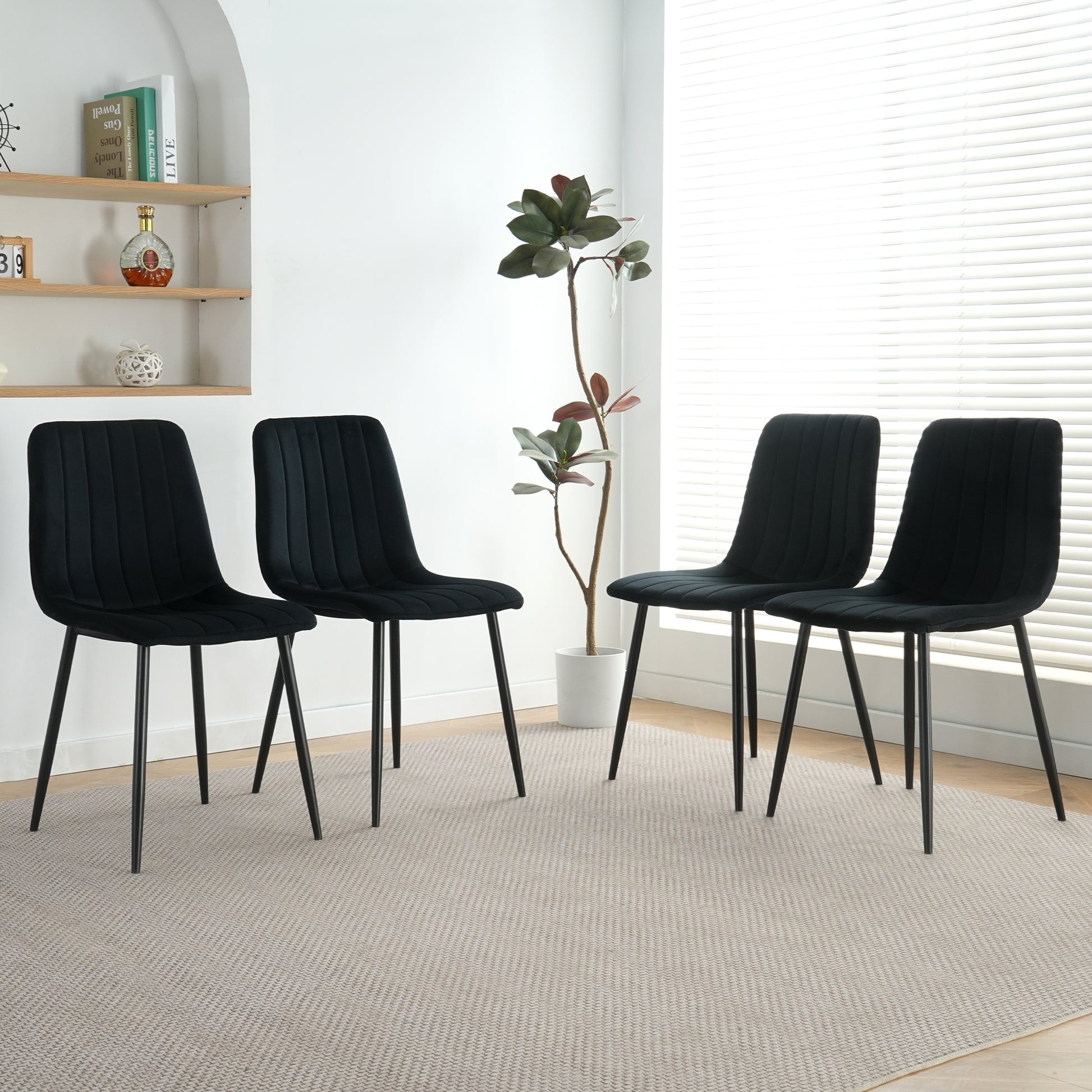 Indoor Black Velvet Dining Chair, Modern Kitchen Dining Chair With Cushion Back, Upholstered Side Chair With Black Coated Metal Legs, Family Kitchen Dining Room And Living Room Set Of 4 Metal Black