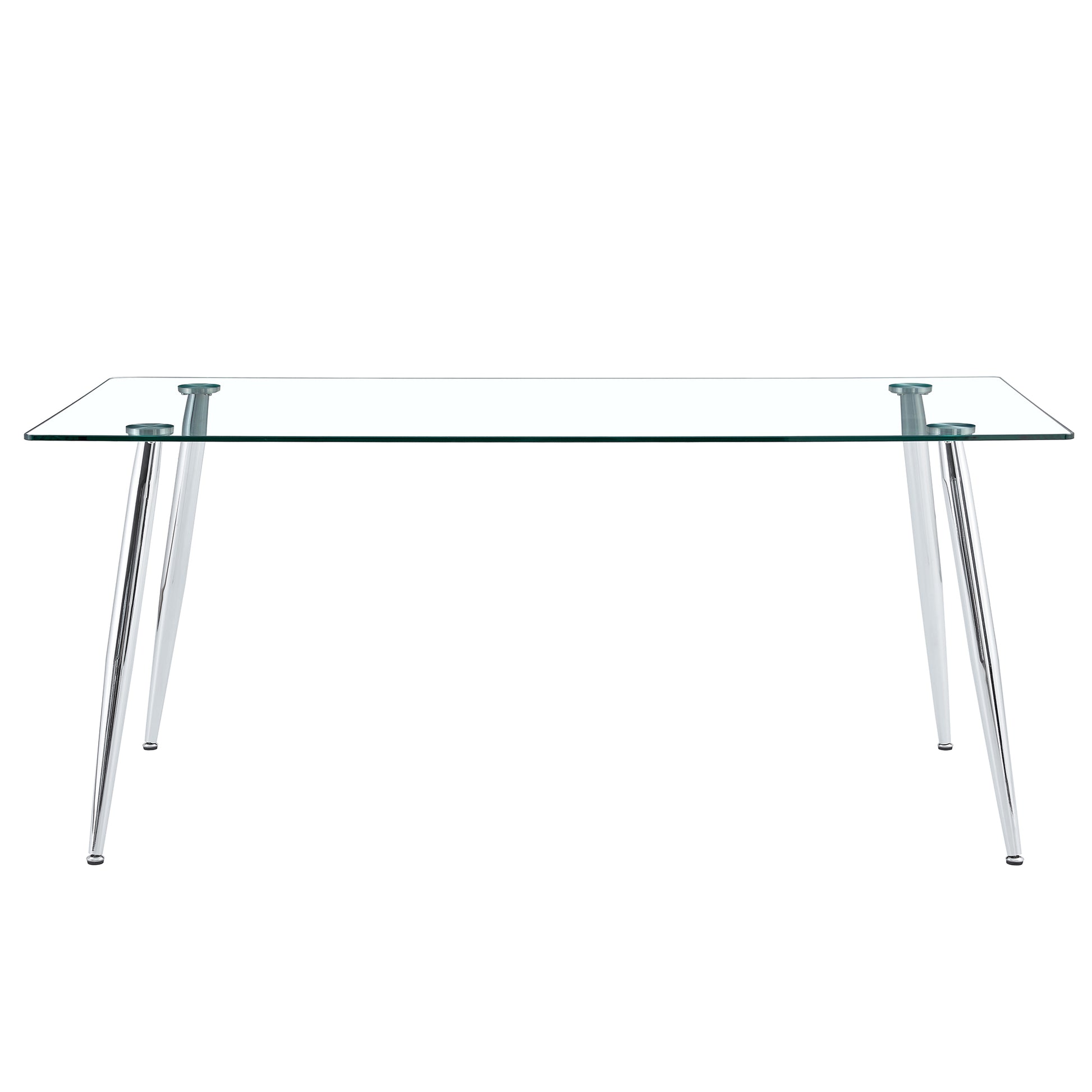 Table And Chair Set.Modern Rectangular Glass Dining Table With Tempered Glass Countertop And Silver Metal Legs, Paired With Multiple Transparent High Quality Pet Dining Chairs With Silver Legs. Silver Seats 6 Tempered Glass