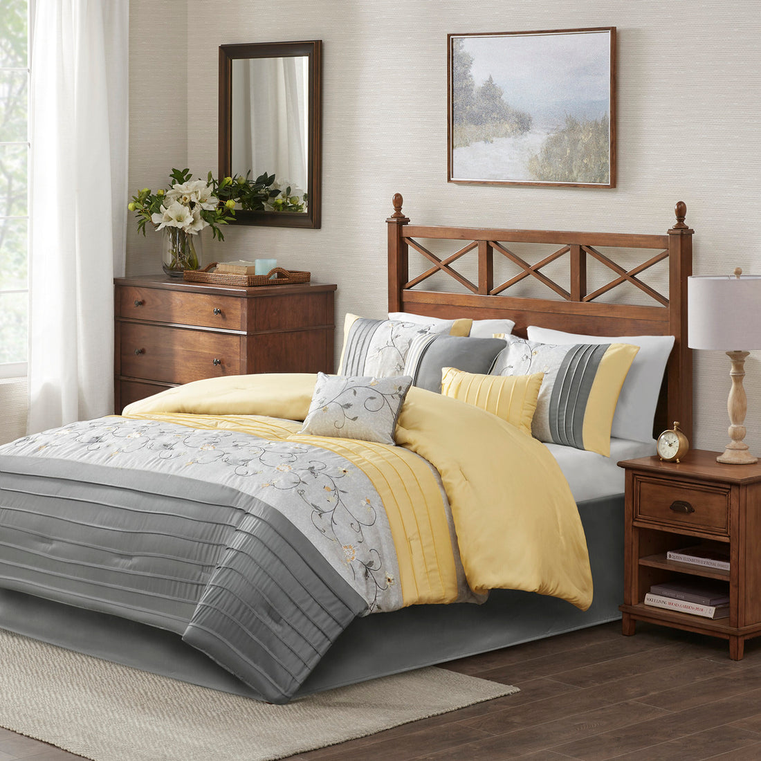 Embroidered 7 Piece Comforter Set Yellow Cal King California King Yellow Polyester