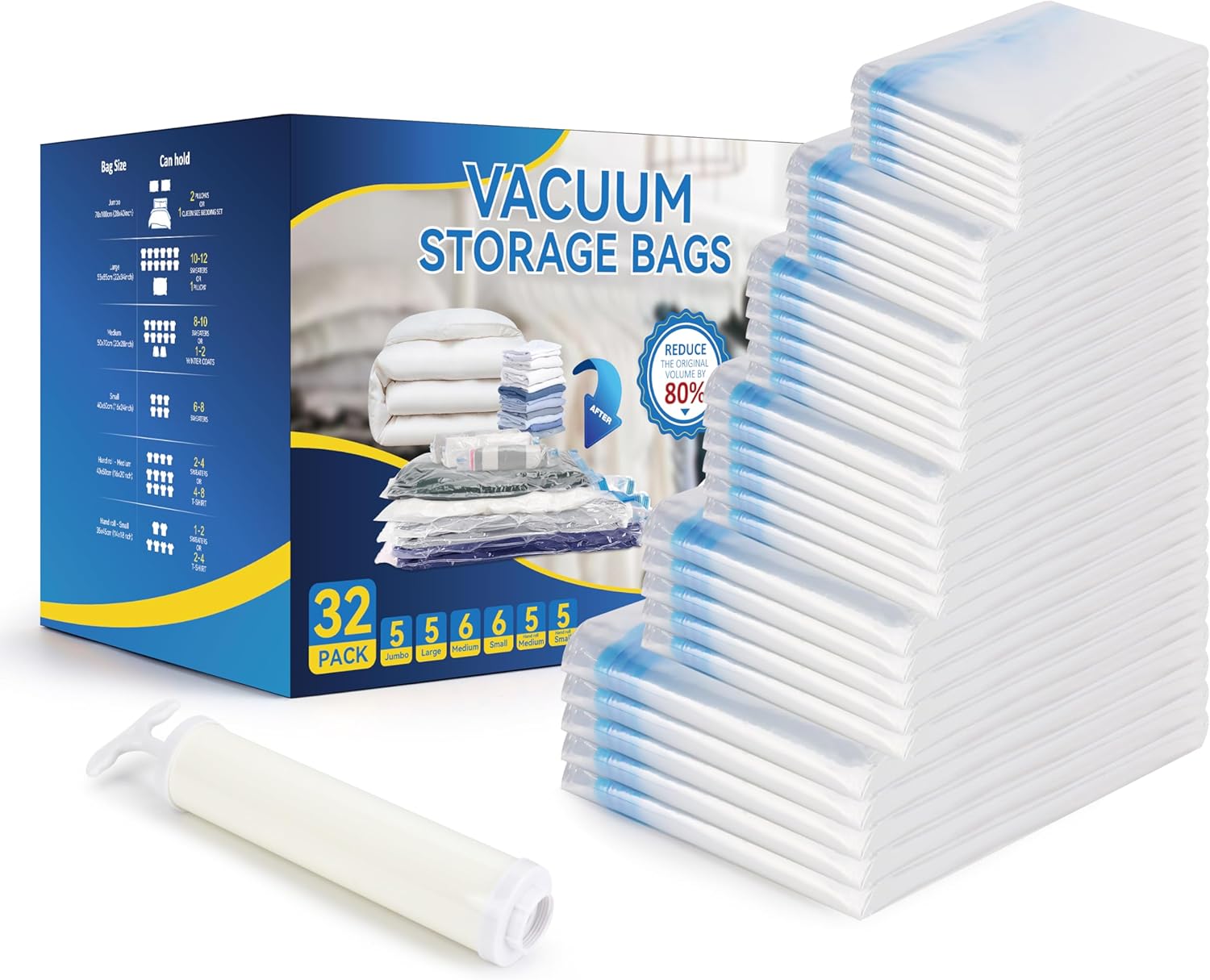 32 Pack Vacuum Storage Bags 5 Jumbo 5 Large 6 Medium 6 Small 5 Roll M 5 Roll S Space Saver Bags, Vacuum Seal Bags With Hand Pump For Comforters, Blankets, Bedding, Pillows And Clothes White