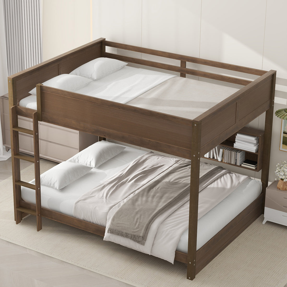 Queen Over Queen Bunk Bed With Storage Cabinets And Usb Ports, Antique Wood Color Expected Arrival Time: 10.26 Wood Solid Wood Mdf