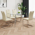 Modern Simple Rectangular Glass Dining Table, Solid Tempered Glass Tabletop, Electroplated Table Legs, Light Yellow Pu Dining Chair Set, Suitable For Restaurant Kitchen Use Set Of 5 Upholstered Chair Glass Light Yellow Seats 4 Metal Rectangular Dining