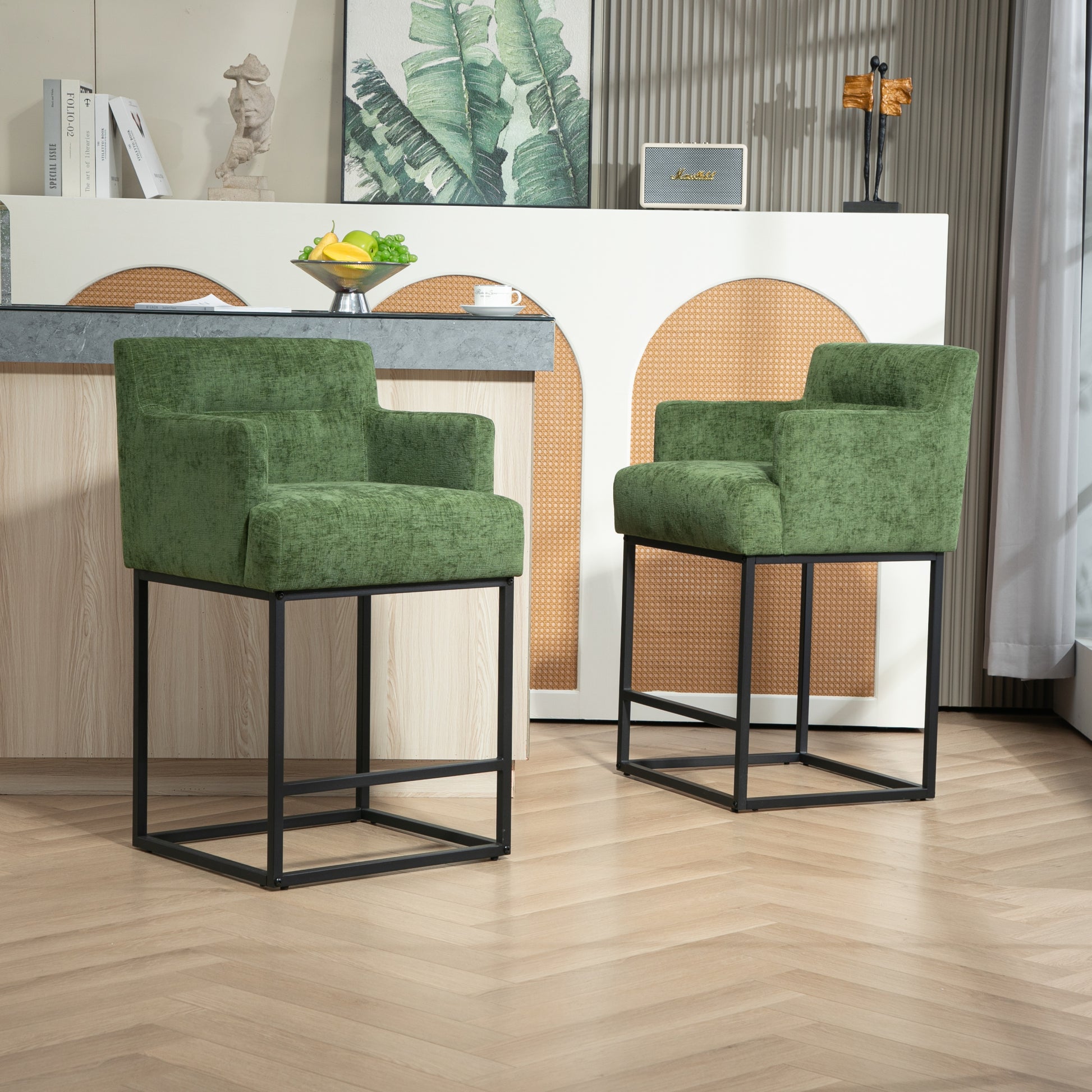 Coolmore Counter Height Bar Stools Set Of 2, Modern Barrel Bar Stool With Backrest And Arms, Black Metal Frames, Upholstered Bar Stools For Kitchen Island, Pub, Club Green Foam Chenille