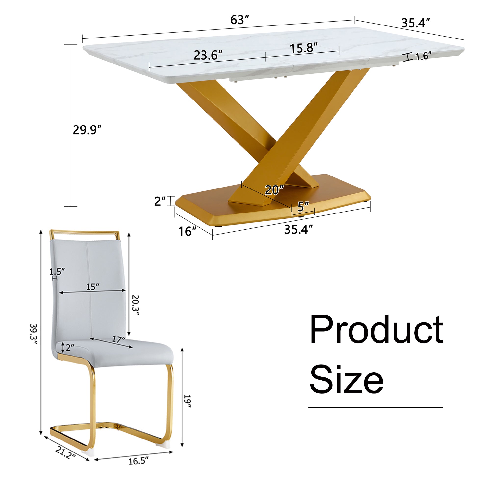Table And Chair Set, The Table Is Equipped With A Marble Patterned Mdf Tabletop And Gold Table Legs.The Chair Is Equipped With Pu Synthetic Leather High Back Cushion And Gold Coated Metal Legs. Grey Gold Seats 6 Mdf Metal