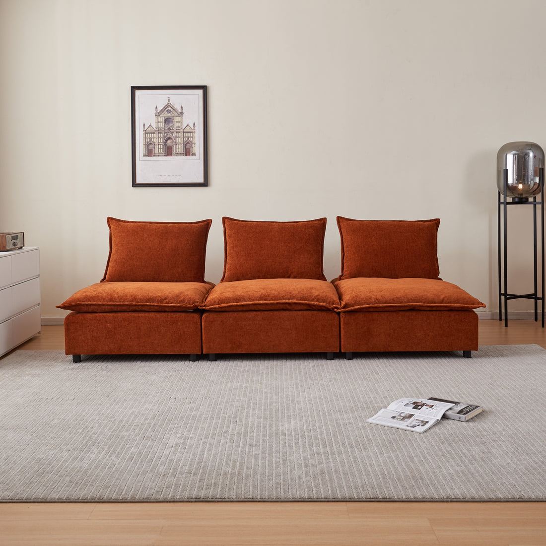 Mid Century Modern 3 Seater Sofa Couch For Living Room Modular Sectional Armless Sofa, Ultra Soft Chenille Fabric, Sturdy Frame, Comfortable And Stylish Furniture Orange Foam Chenille 3 Seat