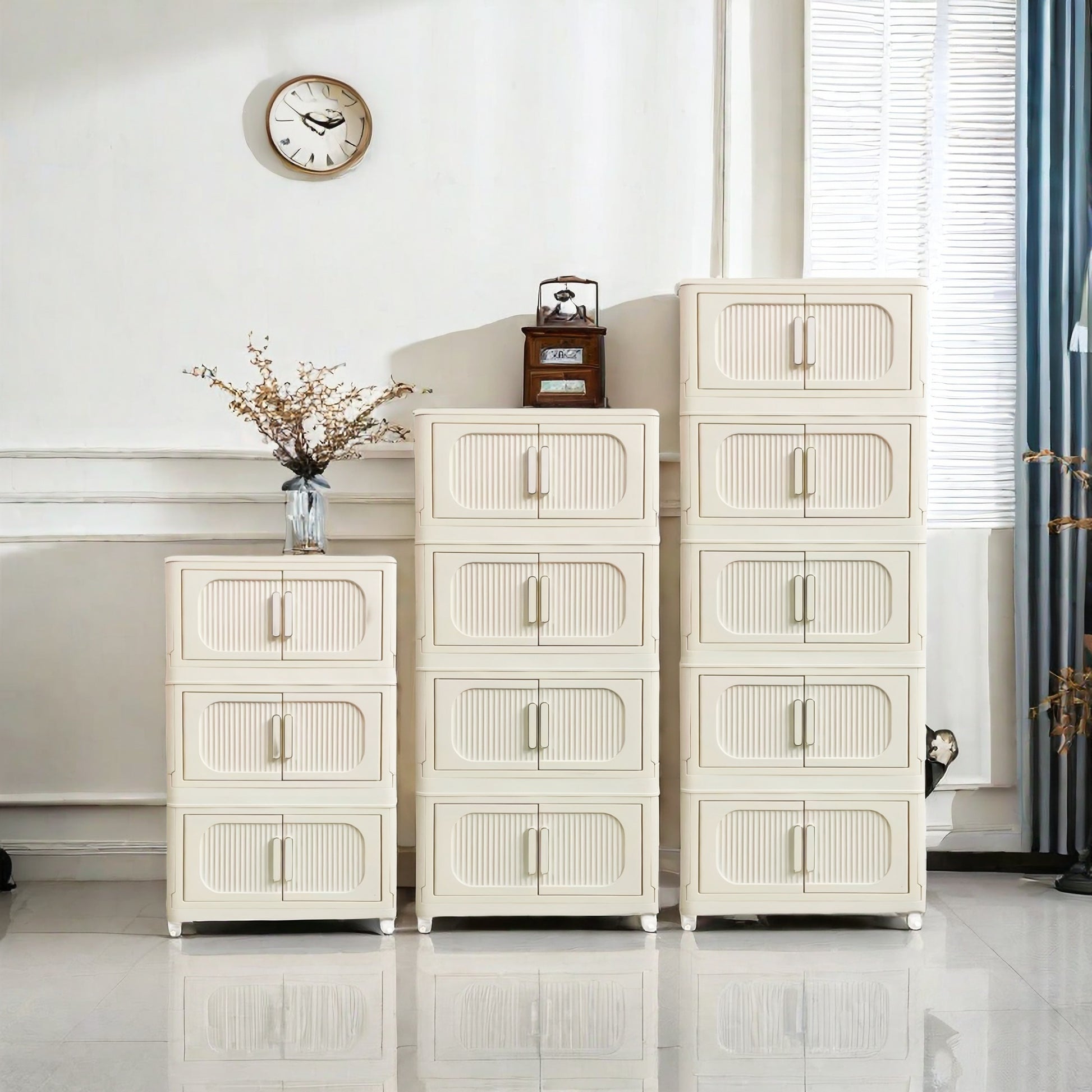 Cream White,19.69" Side Wide Folding Storage Cabinet ,4 Tiers,19.69" 11.81" 40.55",Collapsible Storage Bins With Magnetic Door, Plastic Storage Cabinet With Wheels Cream White Plastic
