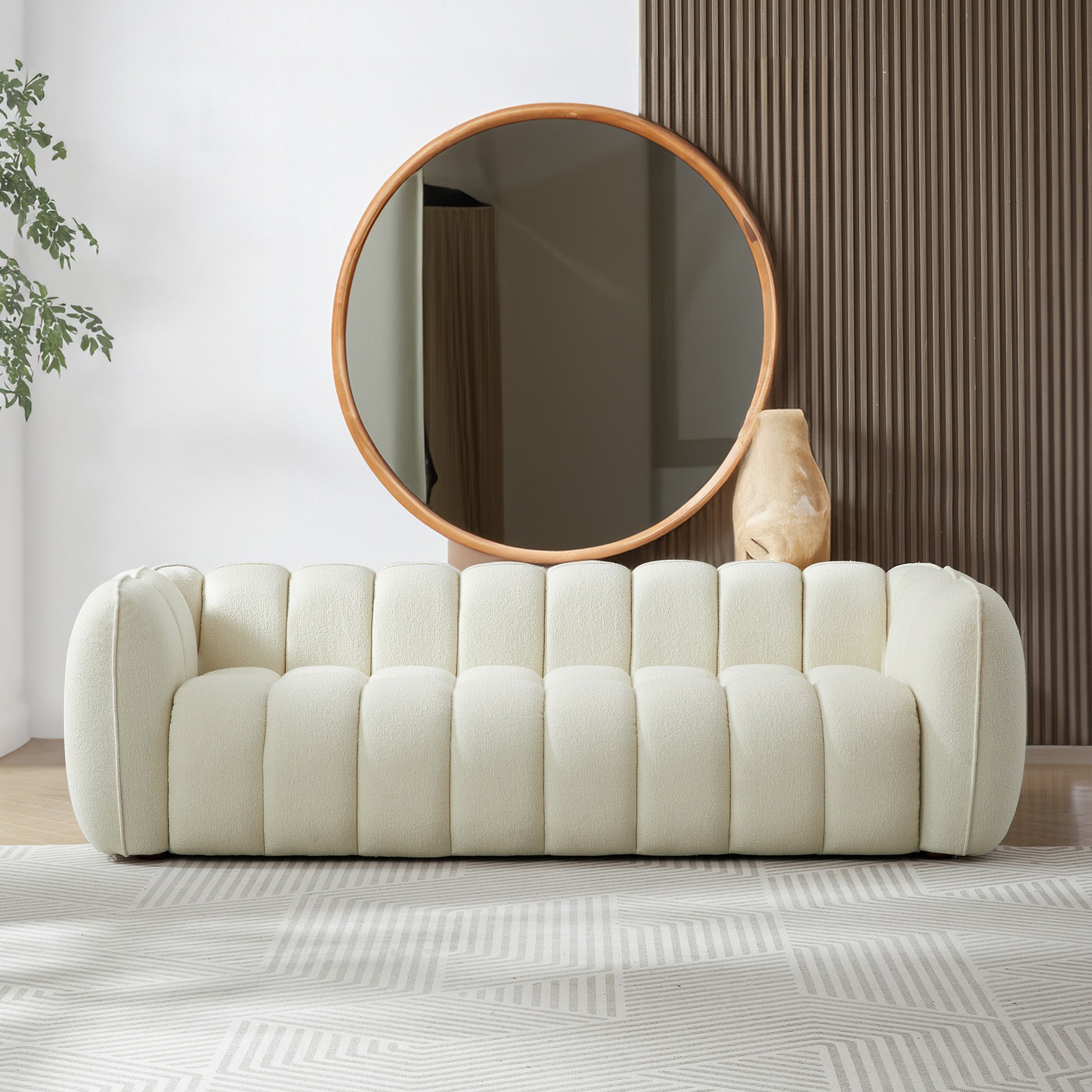 Marissa Sofa Cream Boucle Cream,White Wood Tufted Back Mid Century Modern Boucle,Solid Wood 3 Seat