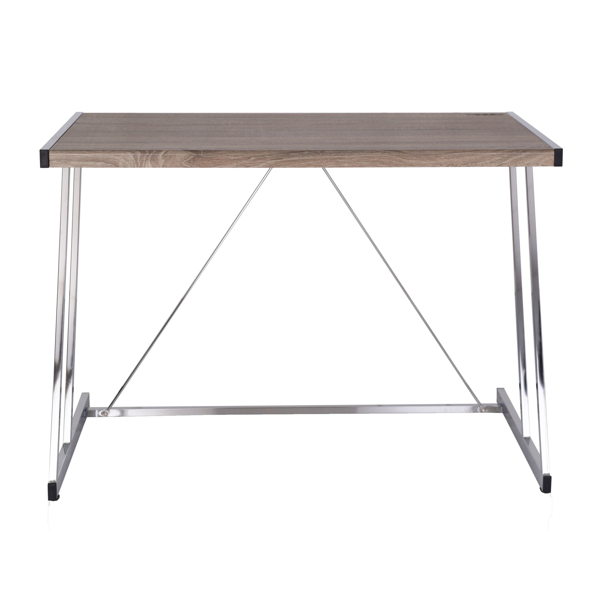 Weathered Oak And Chrome Writing Desk With Usb Ports Oak Silver Built In Outlets Or Usb Writting Desk Office Modern Rectangular Desk Wood Metal Sled