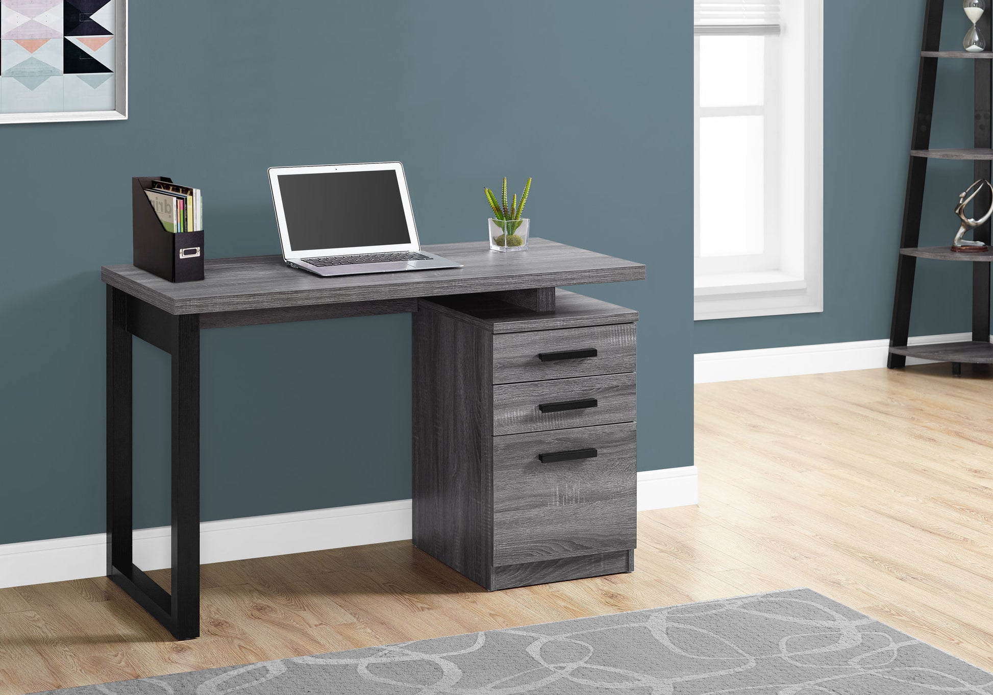 Computer Desk, Home Office, Laptop, Left, Right Set Up, Storage Drawers, 48"L, Work, Grey Laminate, Black Metal, Contemporary, Modern Grey Particle Board