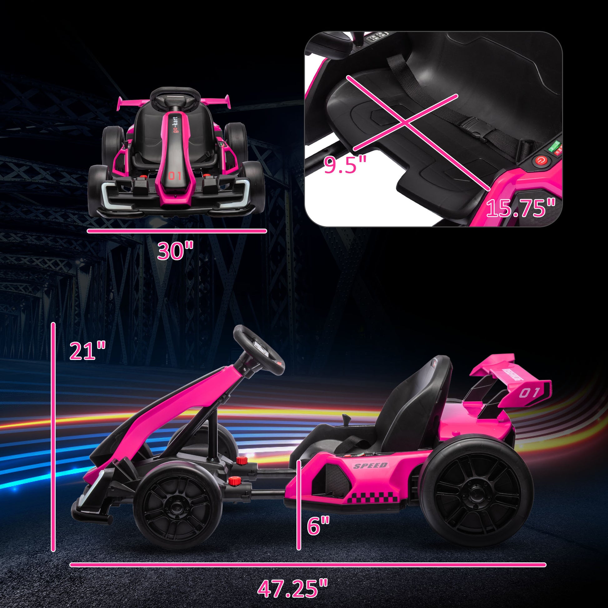 Aosom 24V 7.5 Mph Electric Go Kart With Adjustable Seat, Drifting Car Battery Powered Ride On Toy Outdoor With Slow Start, Button Start, Music, Honking Horn, Lights, For 6 12 Years Old, Pink Pink Plastic