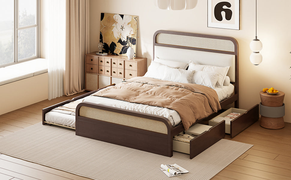 Queen Size Wooden Platform Bed With Trundle And 2 Drawers,Espresso Queen Espresso Solid Wood Mdf