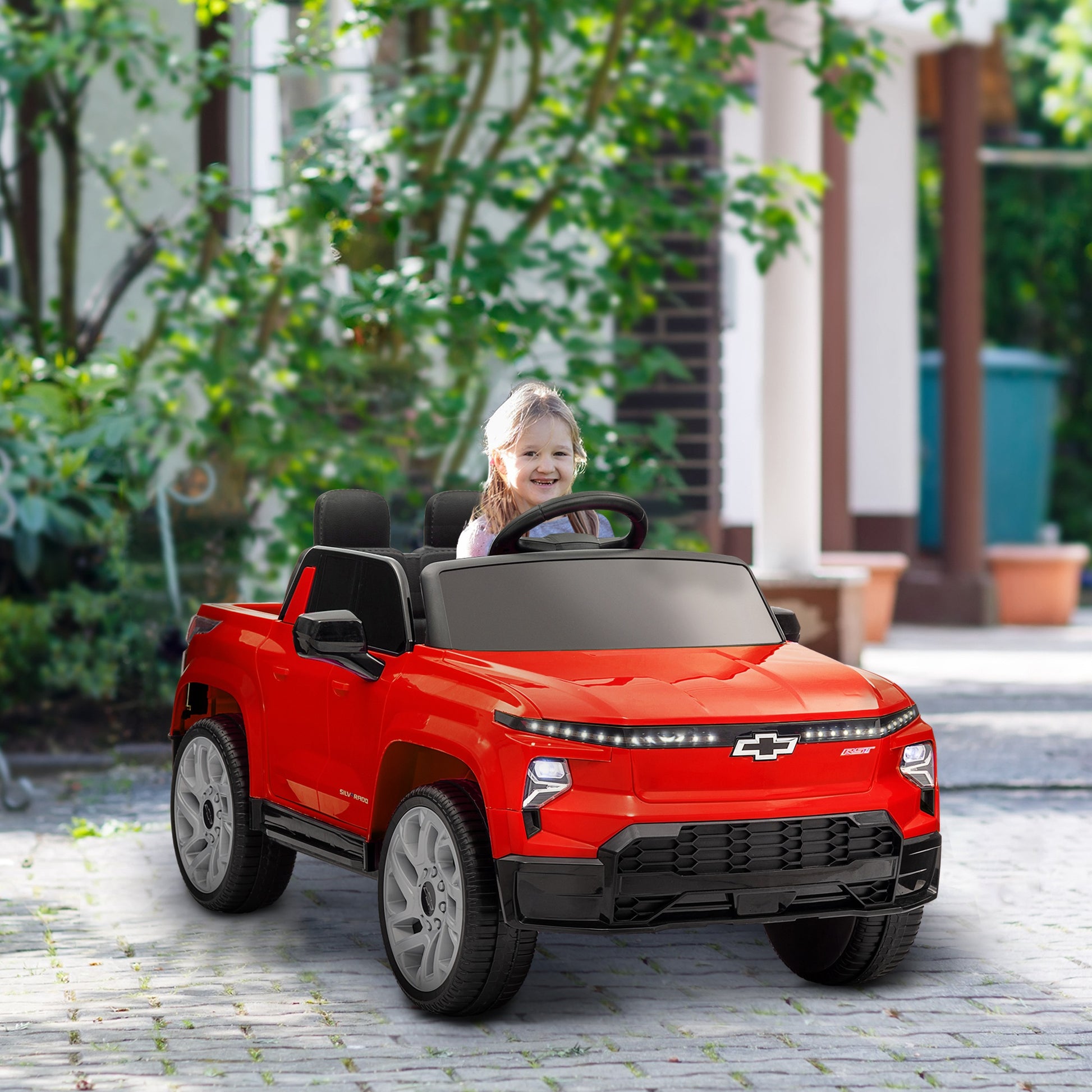 Qaba 12V Kids Electric Car, Chevrolet Silverado Ev Rst Licensed Ride On Car With Parent Remote Control, Spring Suspension, Soft Start, Training Wheels, Led Lights, Music, Mp3, 3 Speed, Red Red