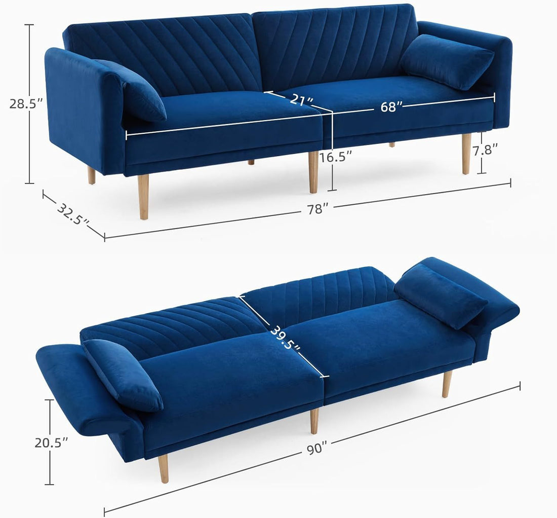 78'' Velvet Futon Sofa Bed, Convertible Sleeper Bed With Adjustable Armrests And Backrest, Loveseat Sleeper Sofa With 2 Pillows, Modern Futon Couches For Living Room, Blue Brown Wood Bedroom Heavy Duty Oak 2 Seat Blue Velvet Soft Cushion Back Mid Century