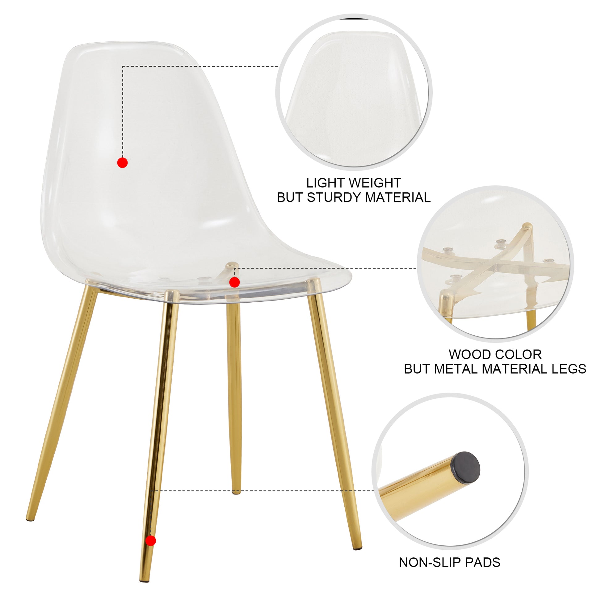 Table And Chair Set.Modern Rectangular Glass Dining Table With Tempered Glass Countertop And Golden Metal Legs, Paired With Multiple Transparent High Quality Pet Dining Chairs With Golden Legs. Gold Seats 8 Tempered Glass