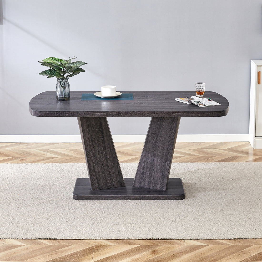 Modern Dining Table, Dining Room Table With 63" Rectangle Top And V Shape Mdf Base, Kitchen Dining Table For Kitchen Living Dining Room Gray Dining Room Modern Rectangular Mdf